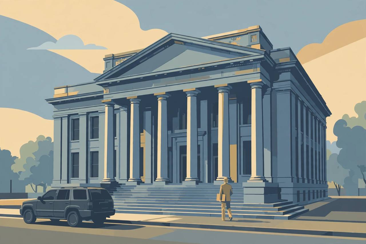 Editorial illustration of a Texas courthouse with tall columns, an unmarked SUV parked at the curb and a generic suited figure carrying a case folder up the steps