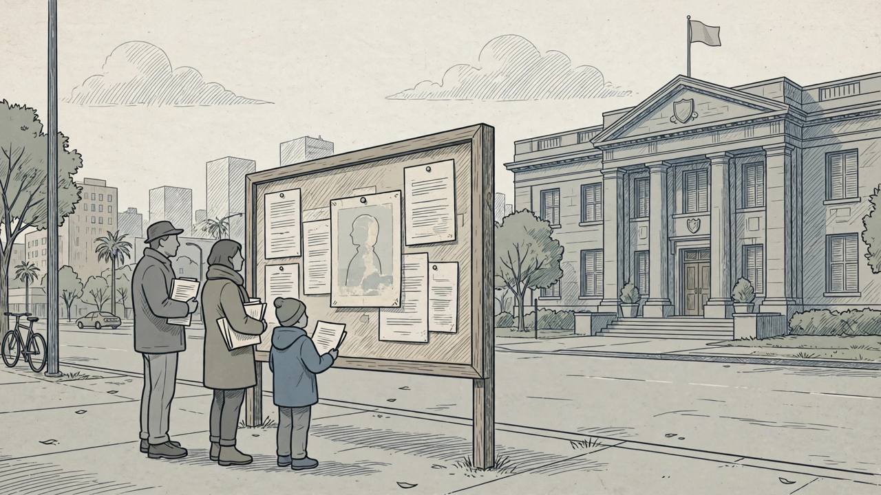Editorial illustration of a Houston street and a government notice board with a faded photograph, generic figures only, flat style, no real person's face