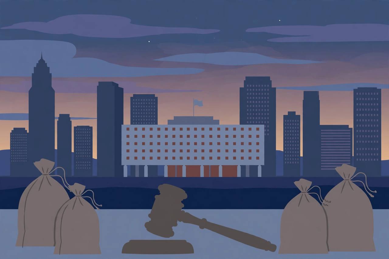 A Houston courthouse skyline at dusk with a gavel — a visual for the drug and firearms sentencing, not a photo of the defendant.