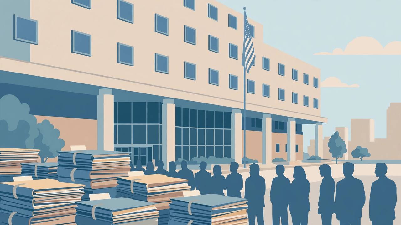Editorial illustration of a generic federal courthouse in Houston with stacks of case folders and generic silhouetted figures, flat style, no real person, no text