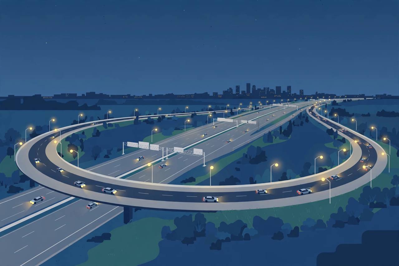 Editorial illustration of a wide Houston freeway loop at night with road signs and streetlights — no real person is depicted