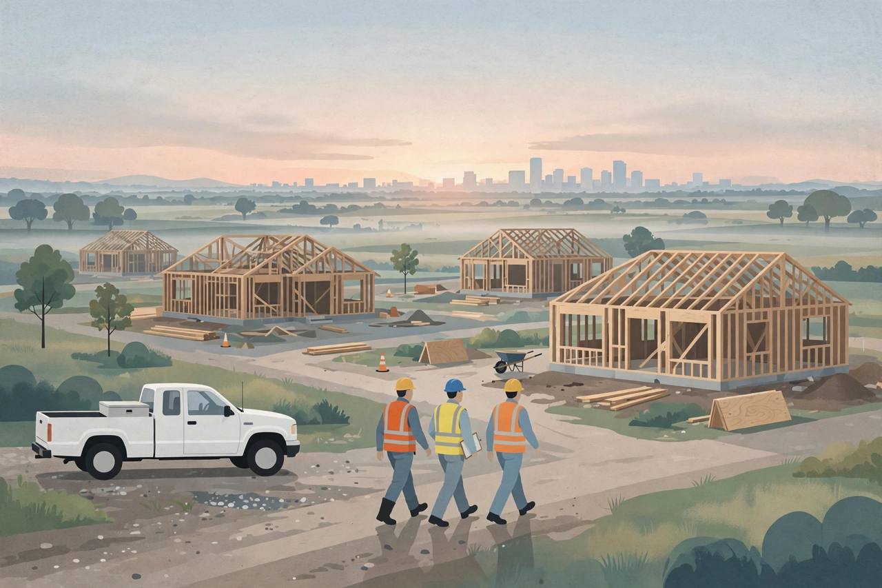 Editorial illustration of generic construction workers at dawn walking toward half-built houses in Houston, flat style, no text, no real person depicted