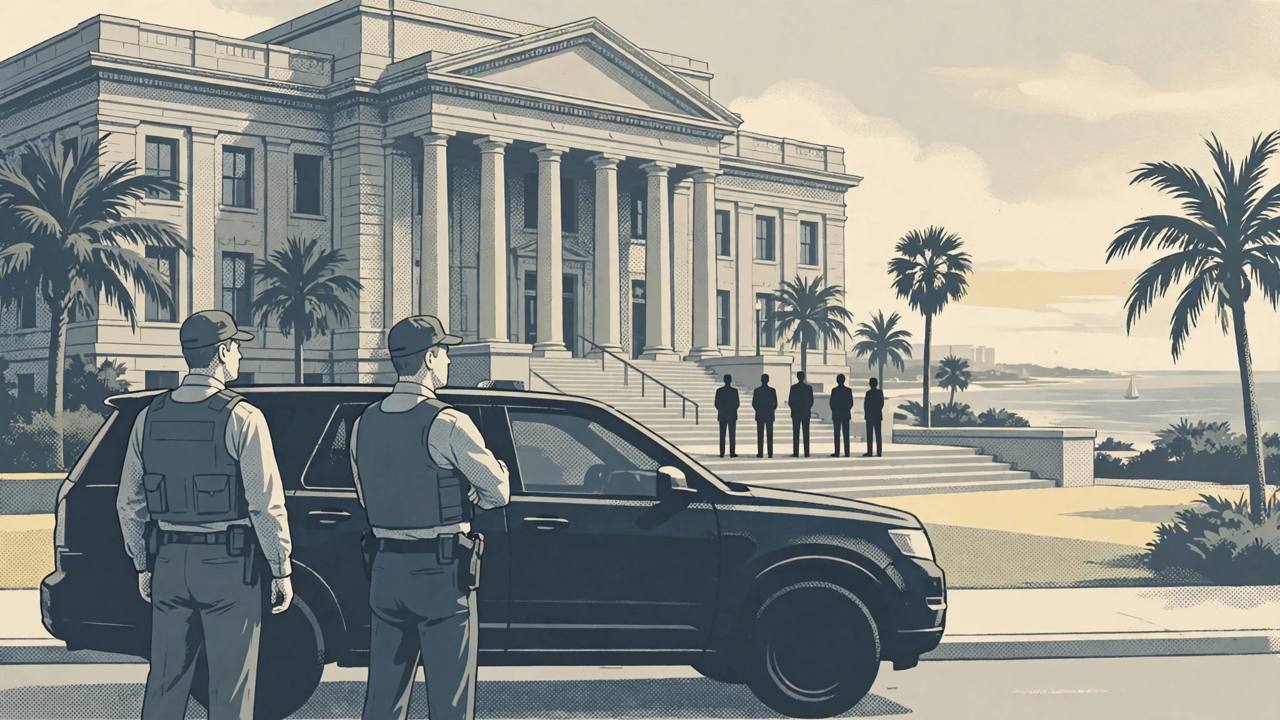 Editorial illustration of generic federal officers beside an unmarked vehicle outside a Texas courthouse in a coastal city with palm trees