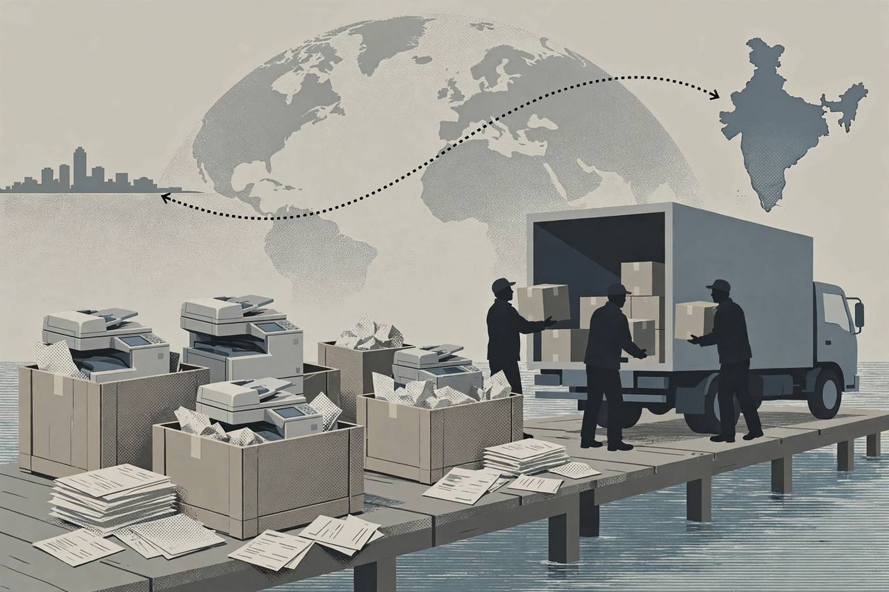 Editorial illustration of used photocopier machines in shipping crates on a warehouse dock with generic invoice sheets, flat style, no people faces, no text