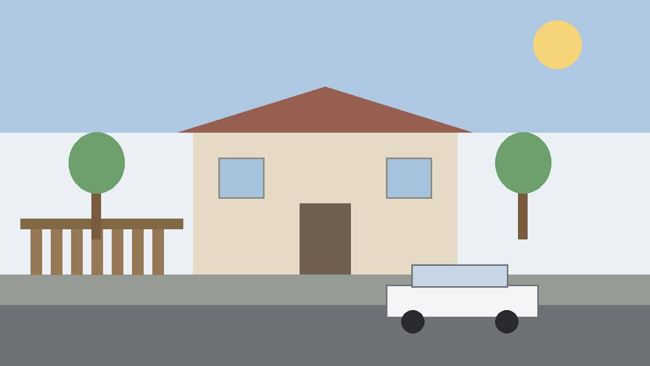 Editorial illustration of a generic house and a generic SUV on a residential street, flat style, no crash depicted, no text, no logos, no real place or person depicted
