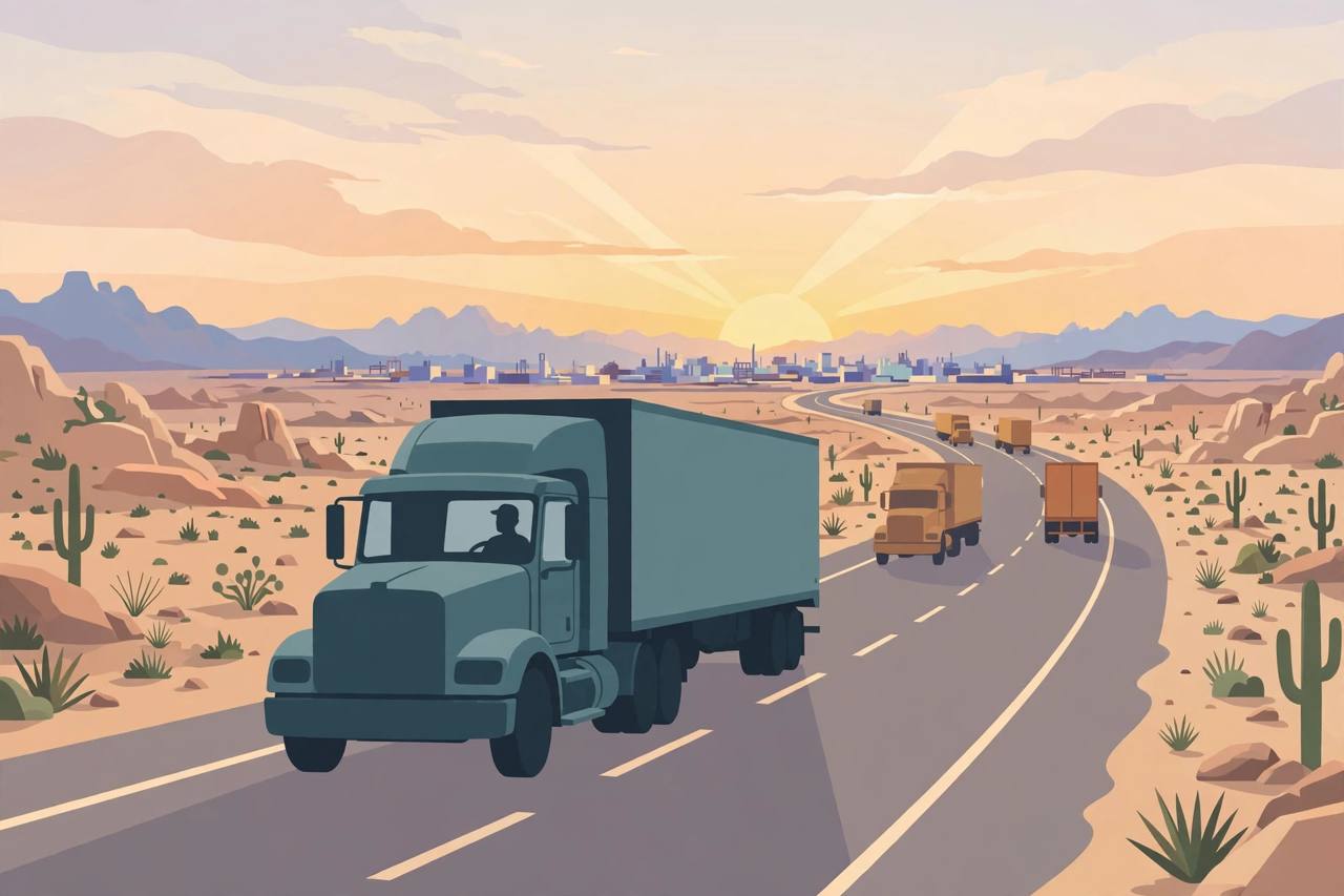 Editorial illustration of a semi truck on a Texas interstate at sunrise heading toward a border city (Editorial illustration)