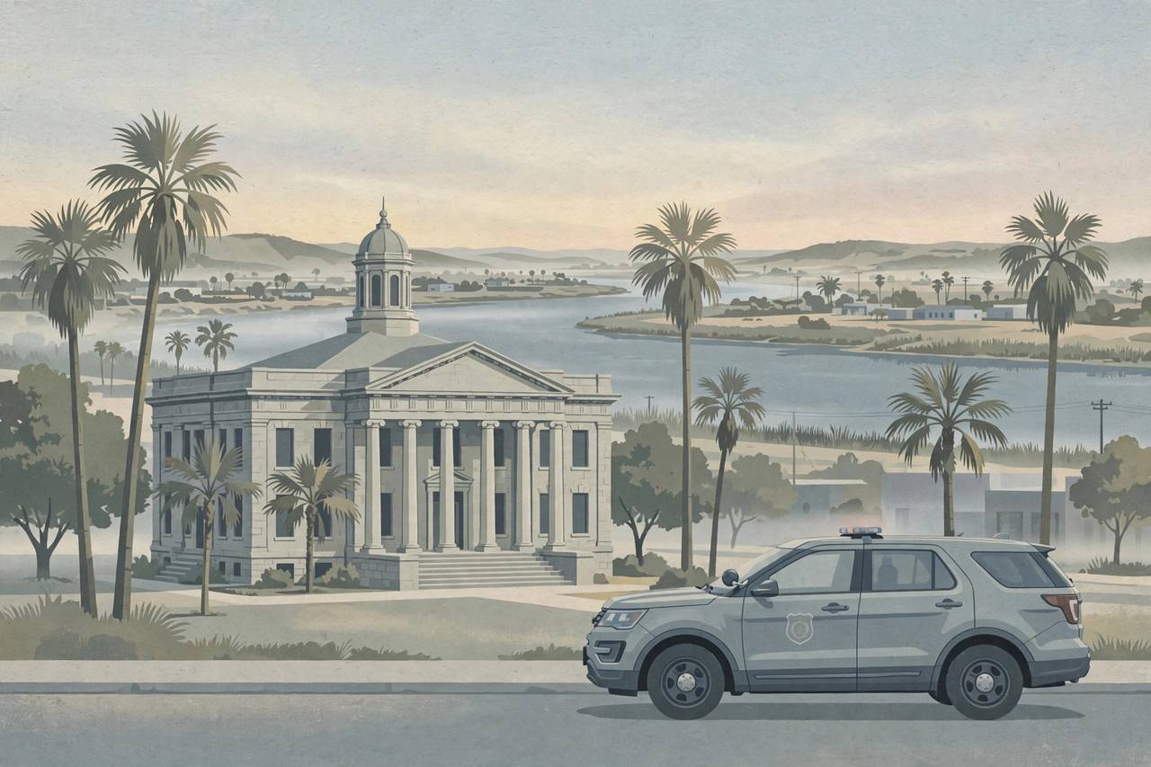 Editorial illustration of a courthouse and a parked police vehicle at dawn in the Texas border city of Laredo, with palm trees and the Rio Grande in the background