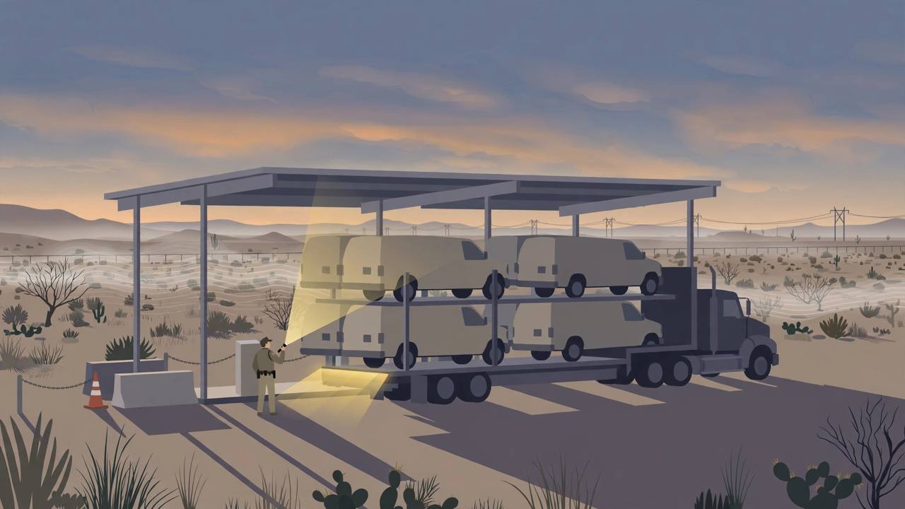 Editorial illustration of a Border Patrol agent inspecting a car hauler carrying vans at a South Texas checkpoint at dusk