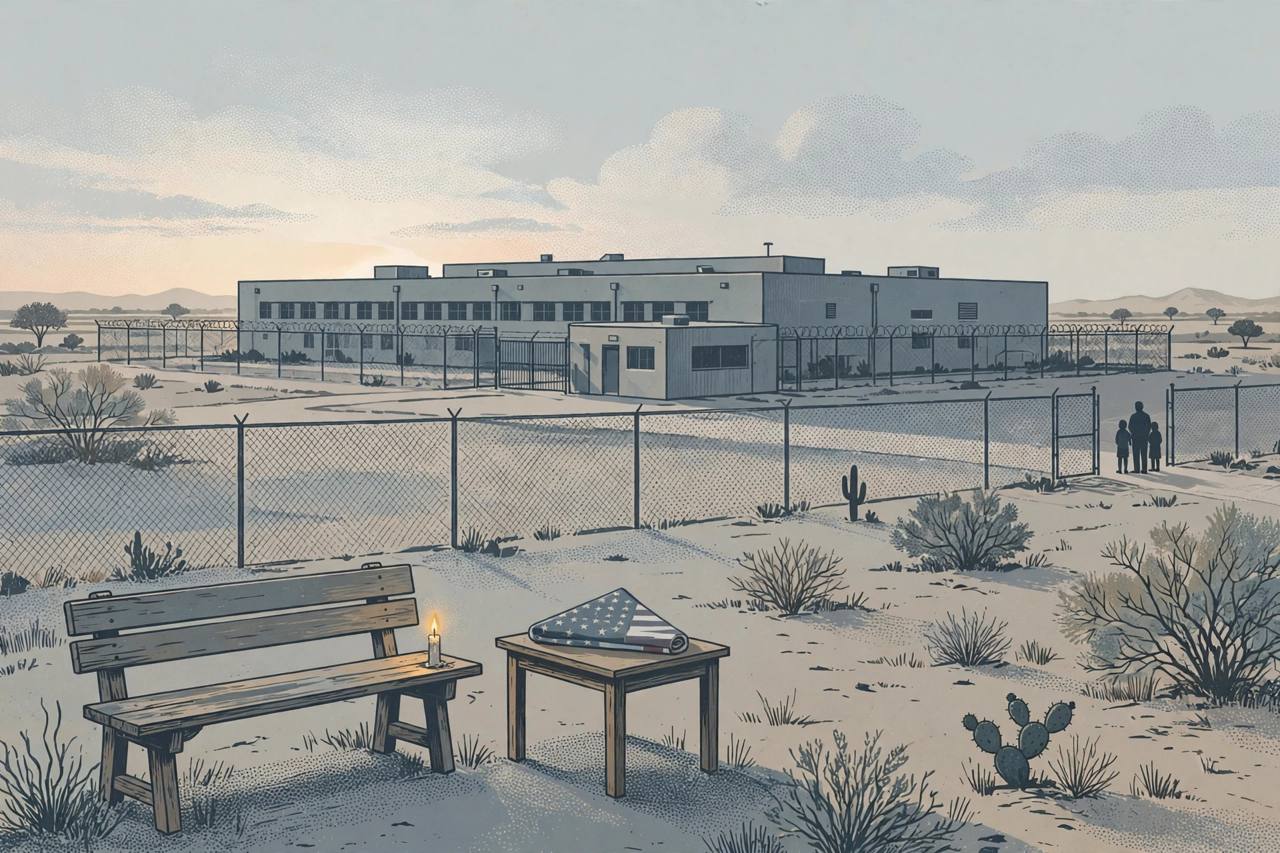 Editorial illustration of a Texas immigration detention facility at dawn with a lit candle and a waiting family in the distance