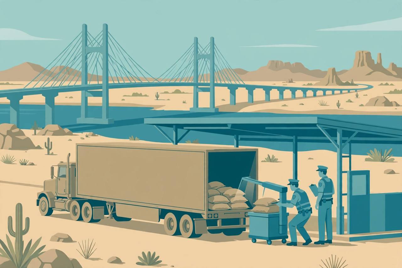 Editorial illustration: a semi truck at a Texas border inspection bay near an international bridge, generic officers examining cargo sacks, no real person's likeness