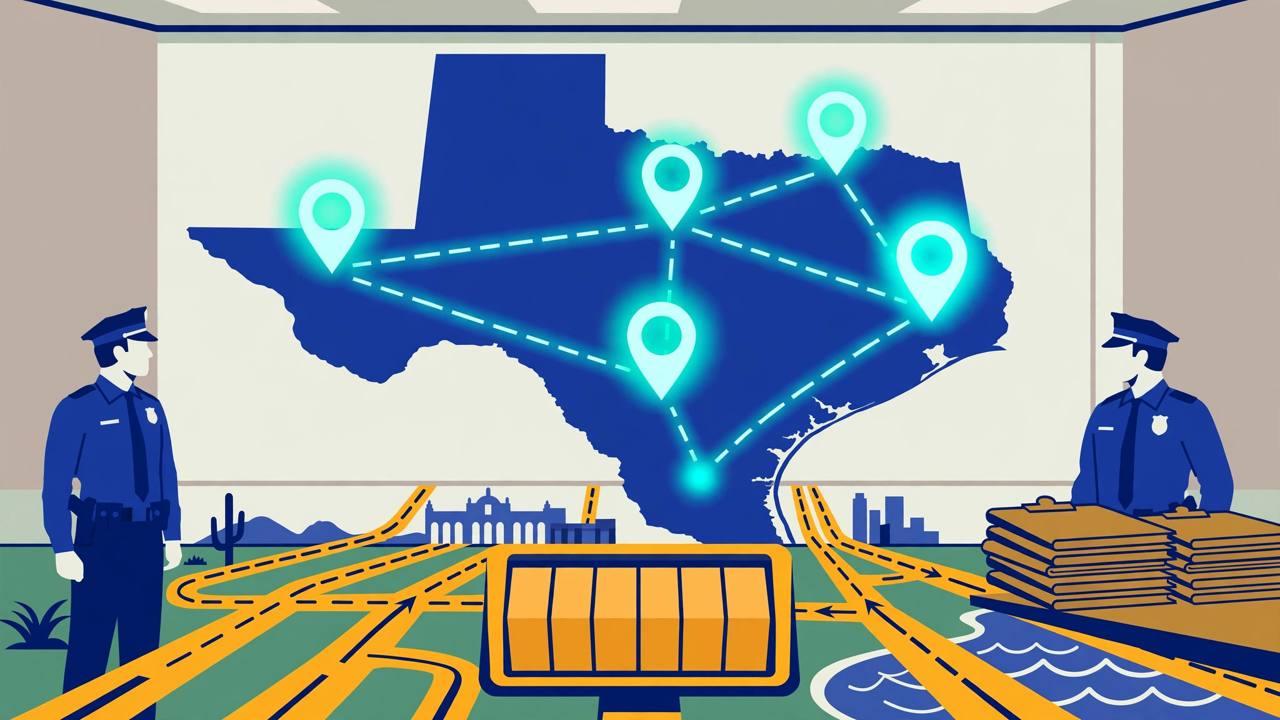 Editorial illustration of a Texas map on a Dallas briefing-room wall with five glowing field-office pins, generic federal officers beside stacked case folders and highways toward Houston, San Antonio, El Paso and Harlingen