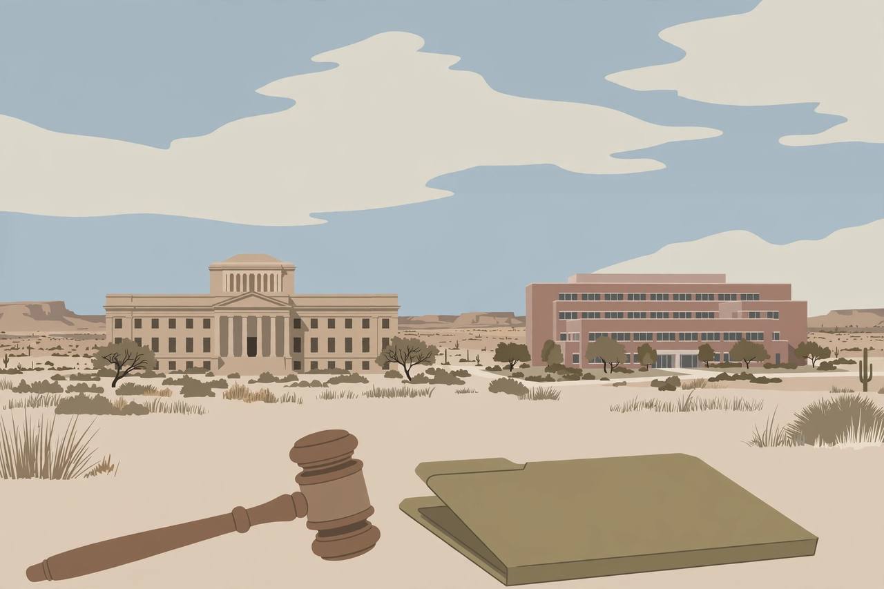 Editorial illustration of a generic federal courthouse and a generic university building in Lubbock, Texas, with a judge's gavel and a closed case file, no people and no text