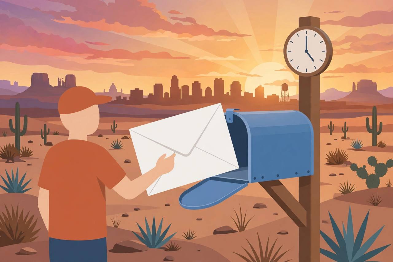 Editorial illustration of a mail envelope going into a Texas county mailbox at sunset with a clock, flat style, no real person depicted