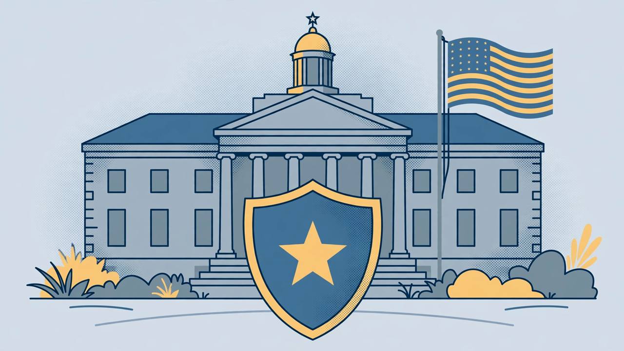 Editorial illustration of a generic federal courthouse with a shield symbol, flat style, no people, no real person or place depicted
