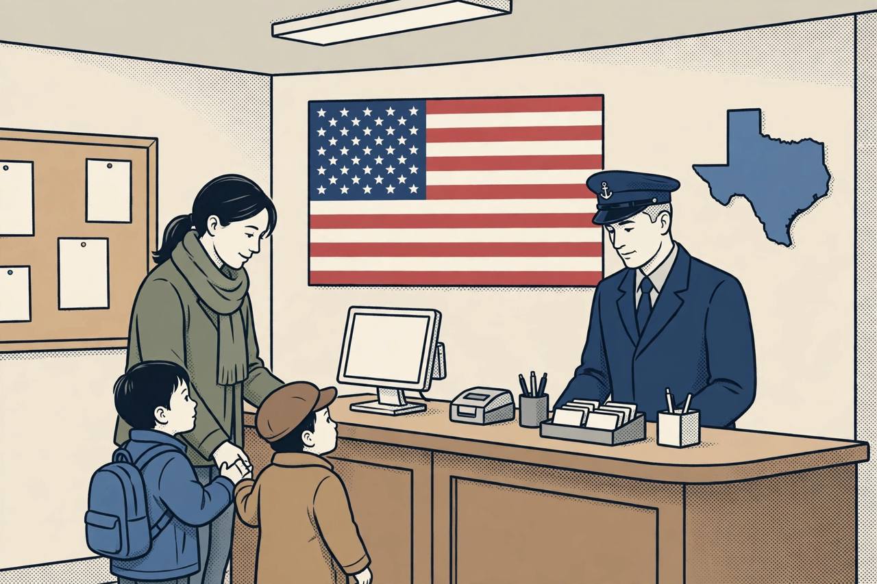 Editorial illustration of a generic mother with children at a generic naval base ID-card office counter in Texas with a US flag, flat style, no text, no real person depicted