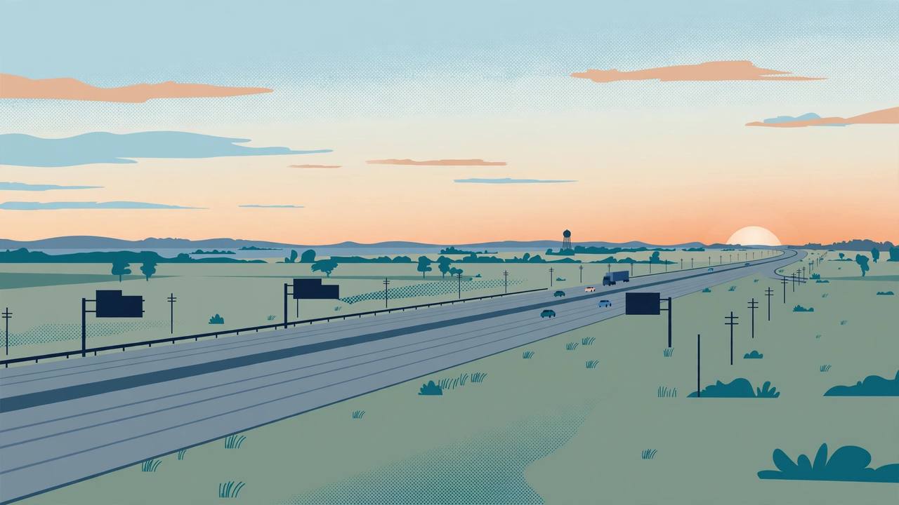 Editorial illustration of a wide Texas toll highway, the Grand Parkway, at dawn with traffic in the distance; no incident depicted
