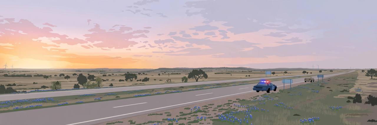 Editorial illustration of a generic Texas interstate highway at dawn with a plain marked patrol car on the shoulder, flat style, no crash depicted, no real person, no text