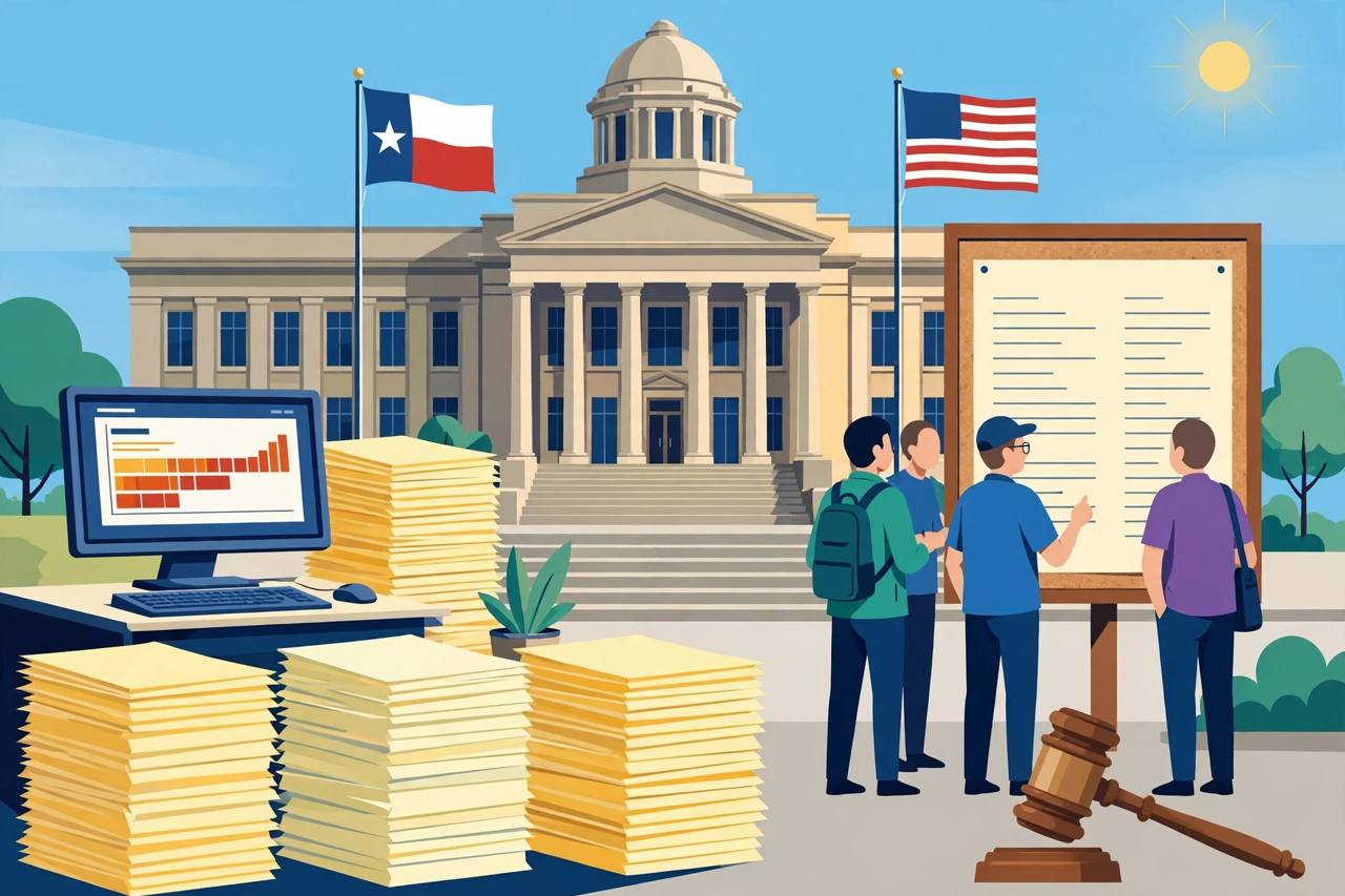 Editorial illustration of stacks of blank voter registration forms and a computer terminal outside a Texas courthouse, with generic voters checking a blank list and a judge's gavel