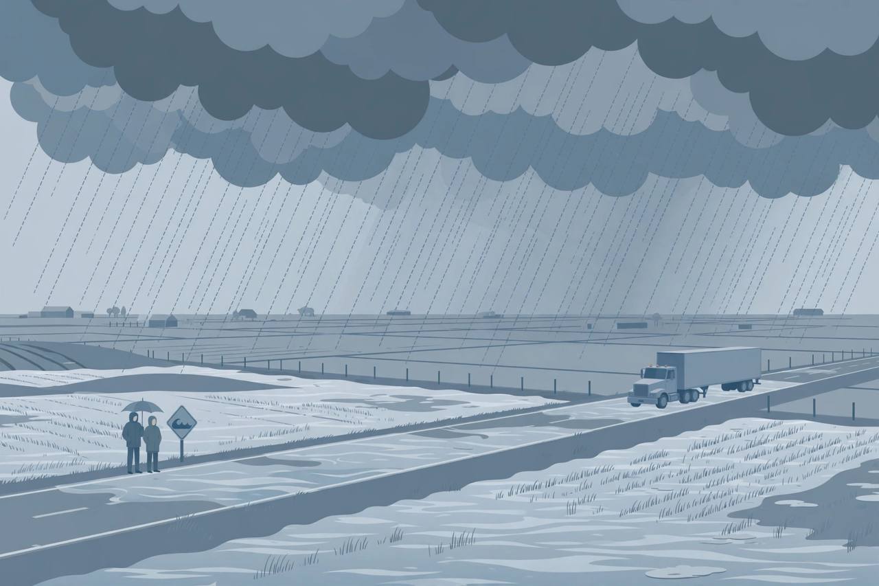 Flat editorial illustration of heavy rain over Texas plains farmland, a flooded rural highway and a generic semi truck stopped at a safe distance, no text, no real person