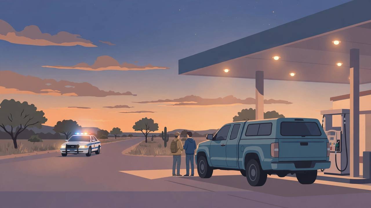 Editorial illustration of a Texas gas station at dusk with a pickup truck at a fuel pump, two generic figures talking quietly beside it and a police car arriving in the background