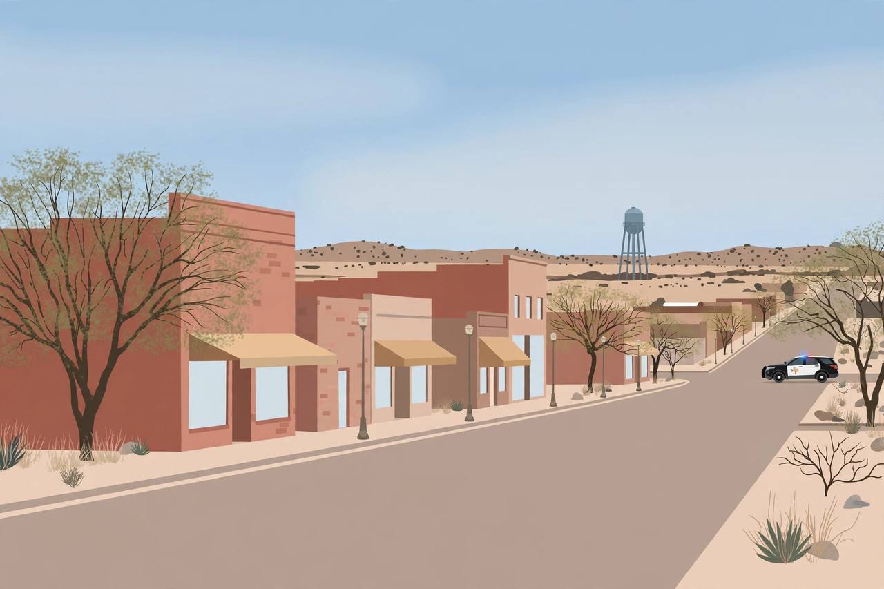 Editorial illustration of a quiet West Texas street in San Angelo with low brick buildings and a water tower in the distance; the shooting itself is not depicted