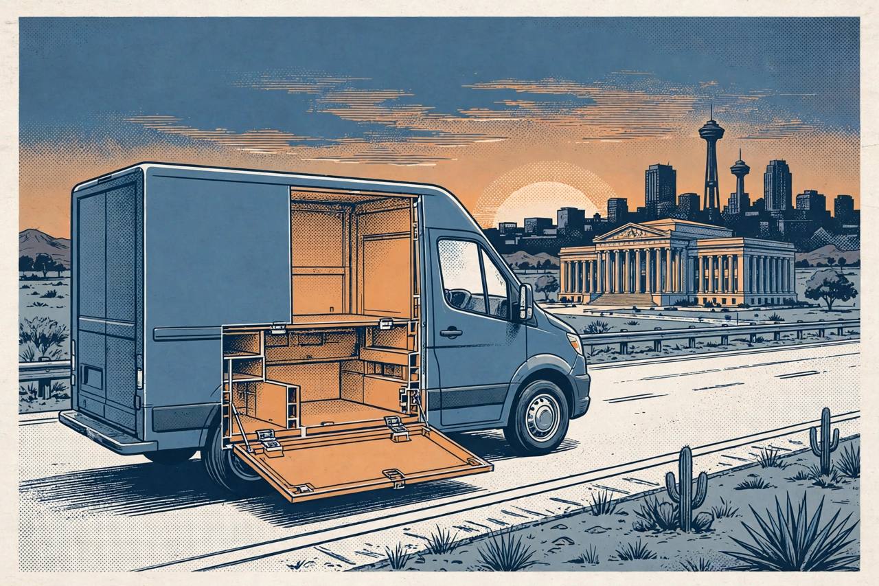 Editorial illustration of a Texas highway at dusk with a generic car shown in cutaway style revealing a hidden compartment, courthouse columns and the San Antonio skyline behind