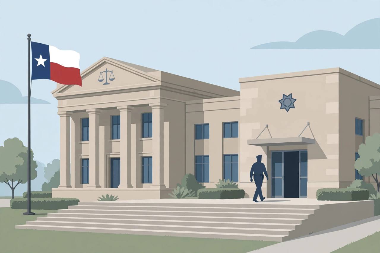 Editorial illustration of a generic Texas courthouse and police building exterior in daylight; no person is depicted in detail and no incident is shown