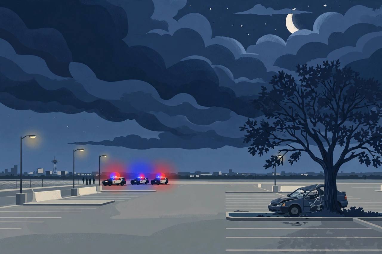 Editorial illustration of a nighttime San Antonio parking lot with police vehicles in the distance, flat style, no real person depicted