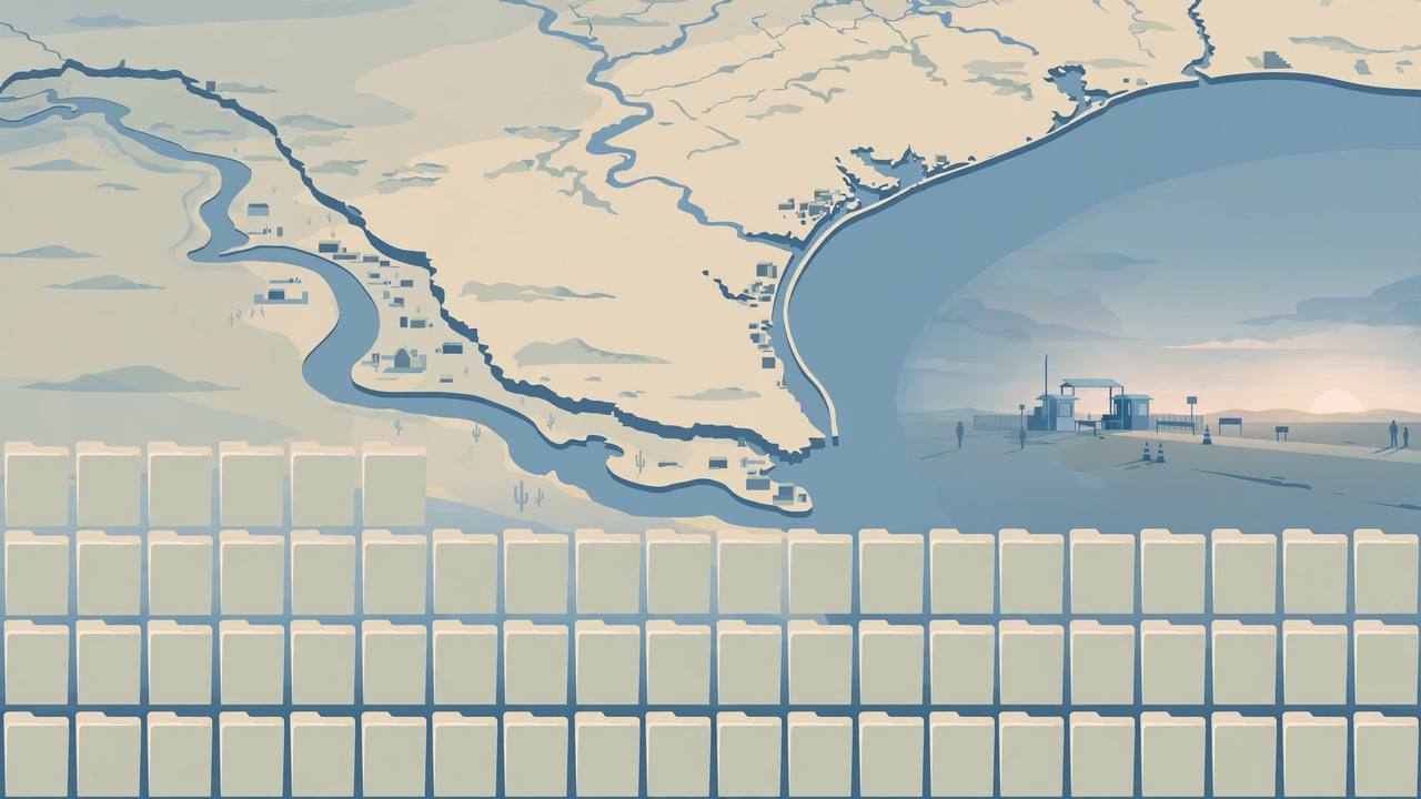 Editorial illustration of a South Texas border map with federal case folders and a distant checkpoint