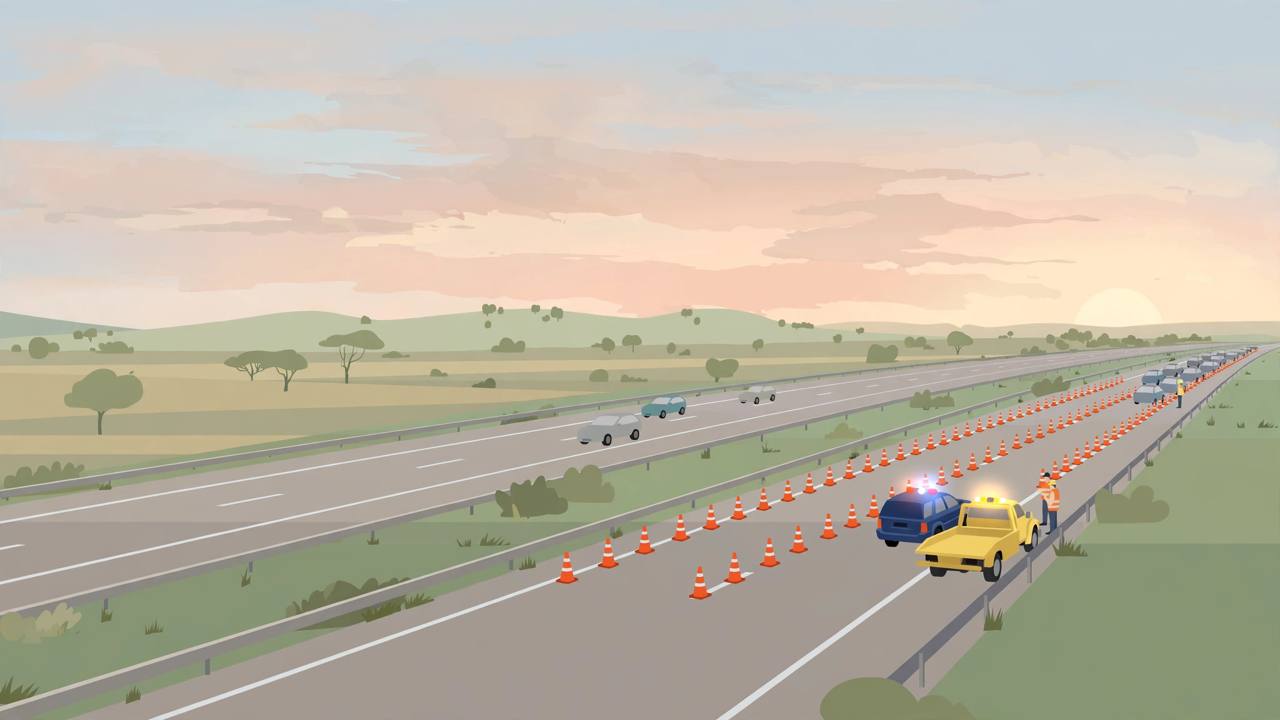 Editorial illustration of a Texas highway at dawn with closed eastbound lanes, orange cones and a generic emergency vehicle, flat style, no real person