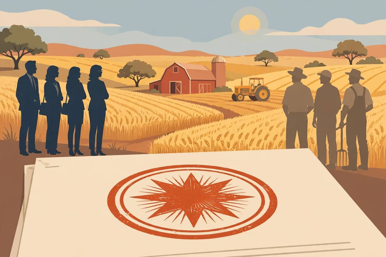 Editorial illustration of a Texas farm with a barn, tractor and wheat fields behind a stamped state grant document