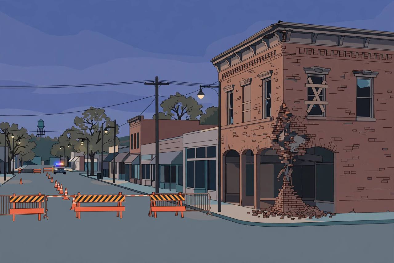 Editorial illustration of a closed Texas downtown street with safety barriers in front of a damaged brick building — no real person is depicted