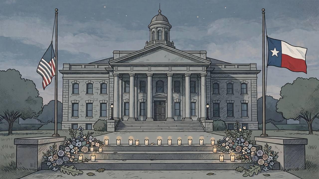 Editorial illustration of a Texas county courthouse at dusk with flags at half-staff and memorial candles and flowers on the steps