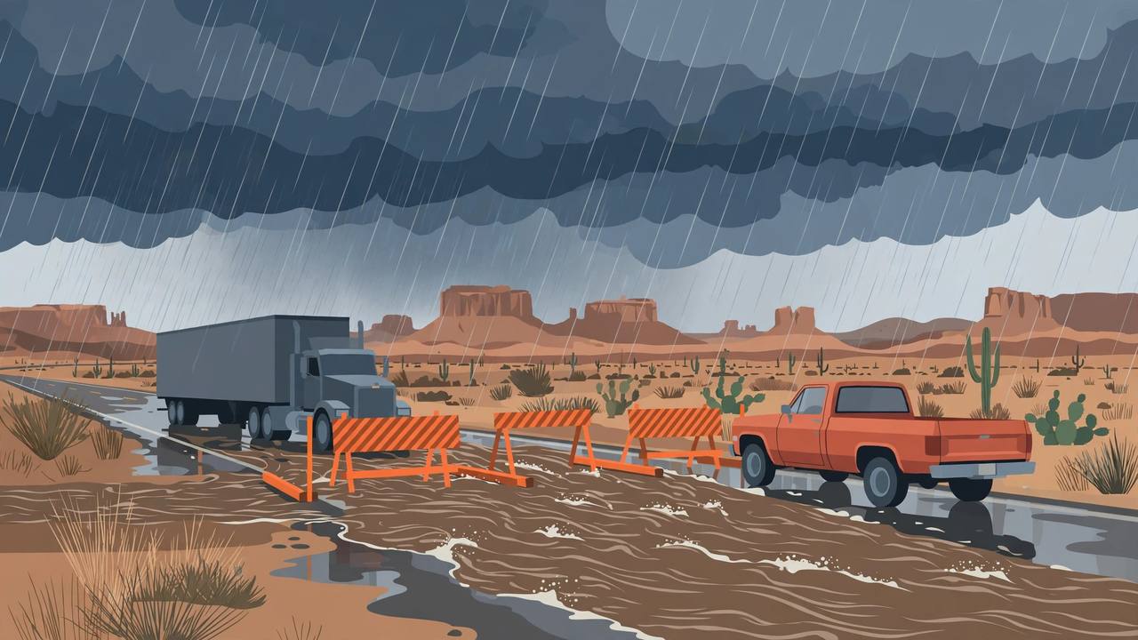 Editorial illustration of a semi truck and a pickup stopped at orange barriers before a flooded desert highway crossing in West Texas under dark rain clouds