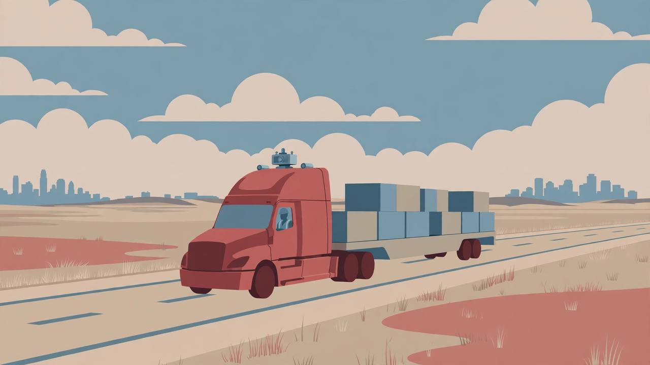 Editorial illustration of a self-driving semi truck with a sensor pod on its cab roof hauling freight boxes on a Texas interstate between two city skylines, flat style, no text, no real people