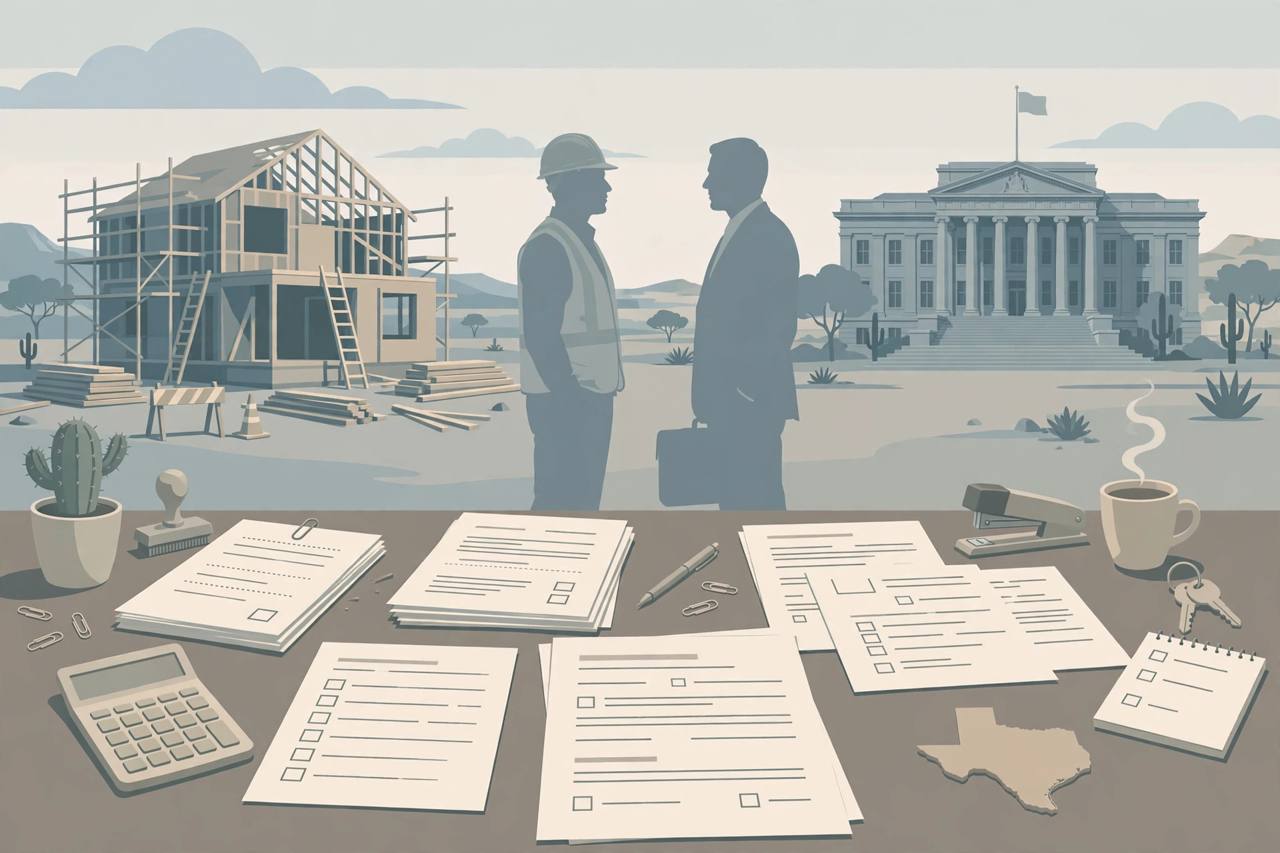 {'en': 'Editorial illustration of pandemic relief loan documents and payroll forms on a Texas desk with a house under construction, no real person', 'pa': "ਟੈਕਸਸ ਦੇ ਡੈਸਕ 'ਤੇ ਮਹਾਂਮਾਰੀ ਰਾਹਤ ਕਰਜ਼ਾ ਦਸਤਾਵੇਜ਼ਾਂ ਅਤੇ ਤਨਖਾਹ ਫਾਰਮਾਂ ਦੀ ਸੰਪਾਦਕੀ ਤਸਵੀਰ, ਪਿਛੋਕੜ ਵਿੱਚ ਉਸਾਰੀ ਅਧੀਨ ਘਰ, ਕੋਈ ਅਸਲੀ ਵਿਅਕਤੀ ਨਹੀਂ", 'hi': 'टेक्सास के डेस्क पर महामारी राहत ऋण दस्तावेजों और वेतन फॉर्मों का संपादकीय चित्र, पृष्ठभूमि में निर्माणाधीन घर, कोई वास्तविक व्यक्ति नहीं'}