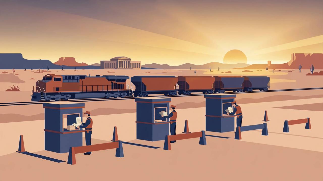 Editorial illustration of a desert border inspection plaza with generic booths, generic officers checking documents, a freight train on rails behind and a distant generic courthouse at golden hour