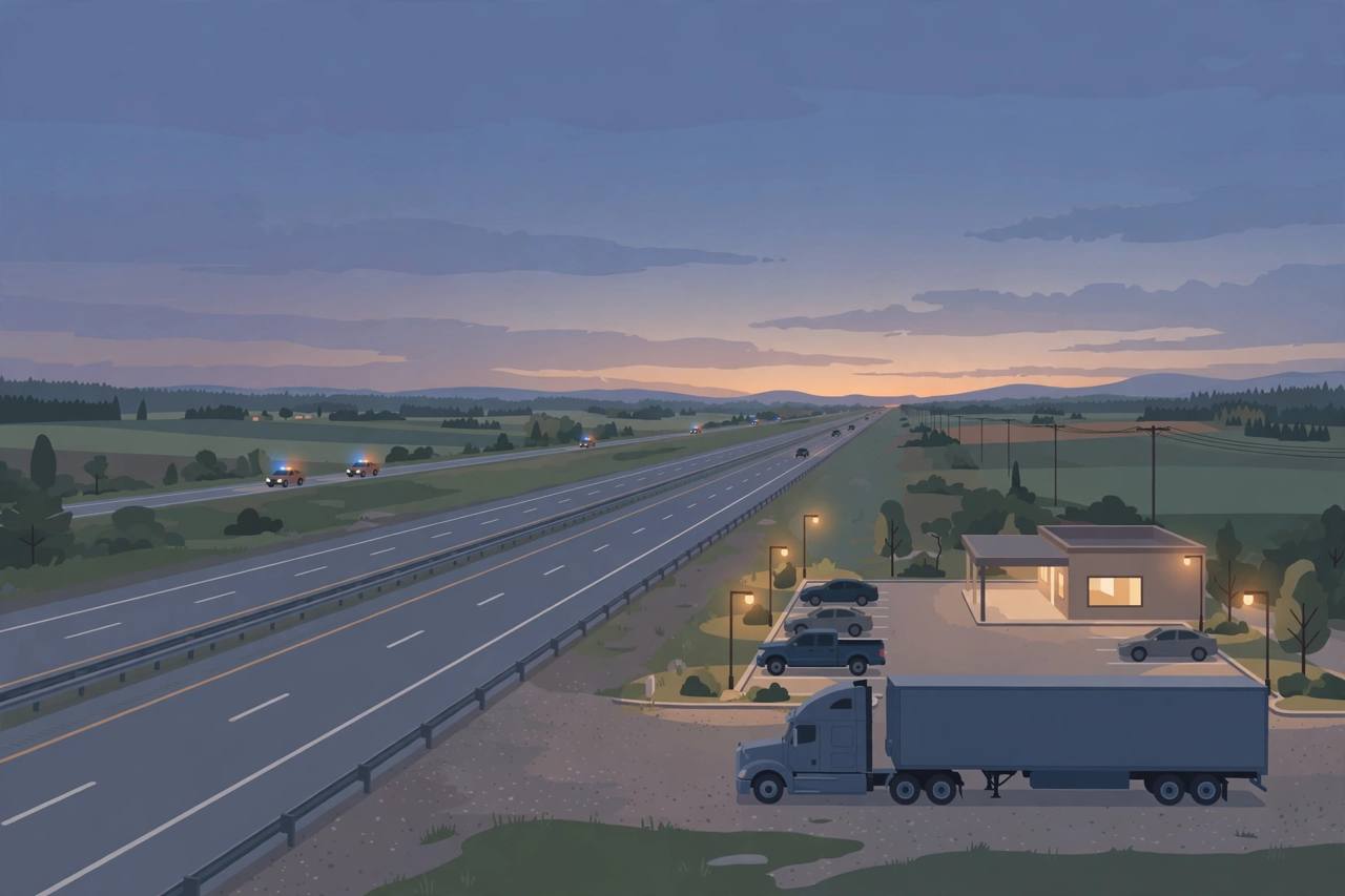 Editorial illustration of a generic US highway near a truck stop with distant emergency vehicles, flat style, no crash depicted, no real person or place
