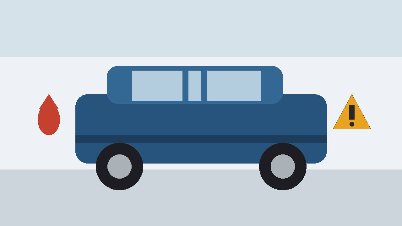 Editorial illustration of an SUV with a fuel-drop and warning sign, representing a fuel leak recall
