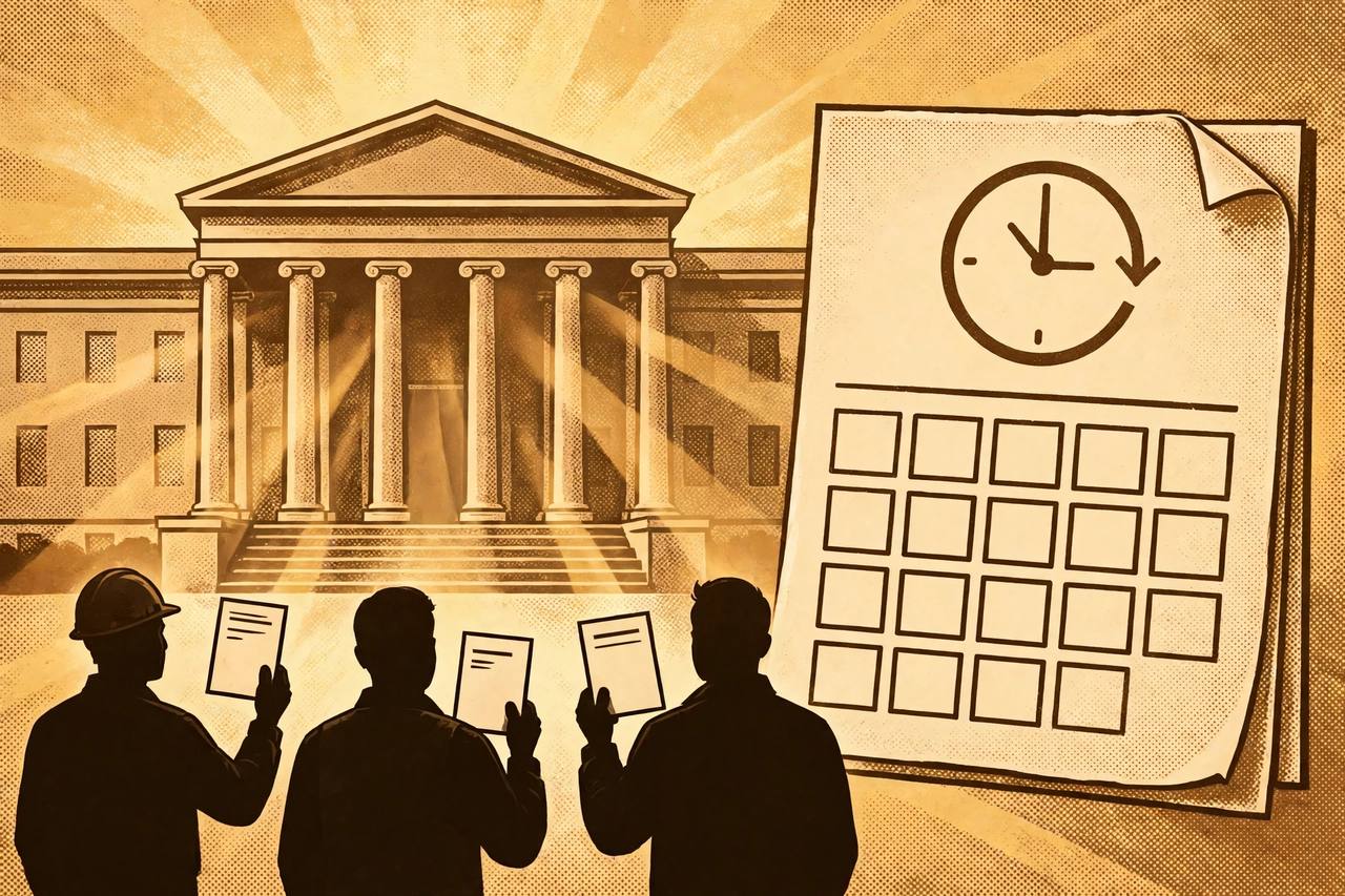 Editorial illustration of a generic US government building, generic workers holding plain work-permit cards and a calendar with a waiting clock — no real person's face, no text