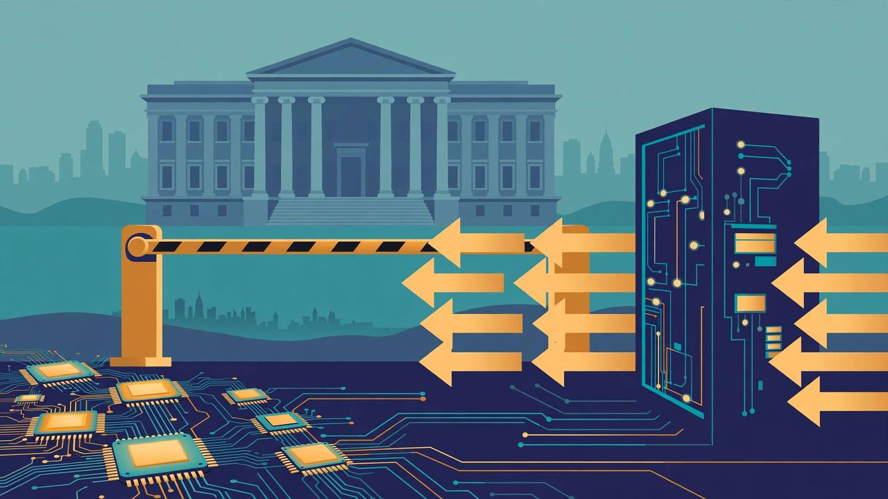 Editorial illustration of a generic US government finance building with stylised computer chips, a supercomputer rack and capital-flow arrows stopped at a checkpoint barrier, flat style, no real person depicted