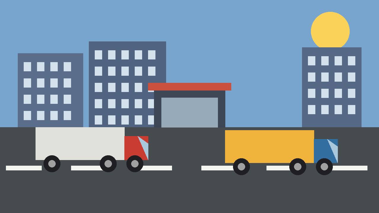 Editorial illustration of freight trucks crossing a border checkpoint with cargo containers