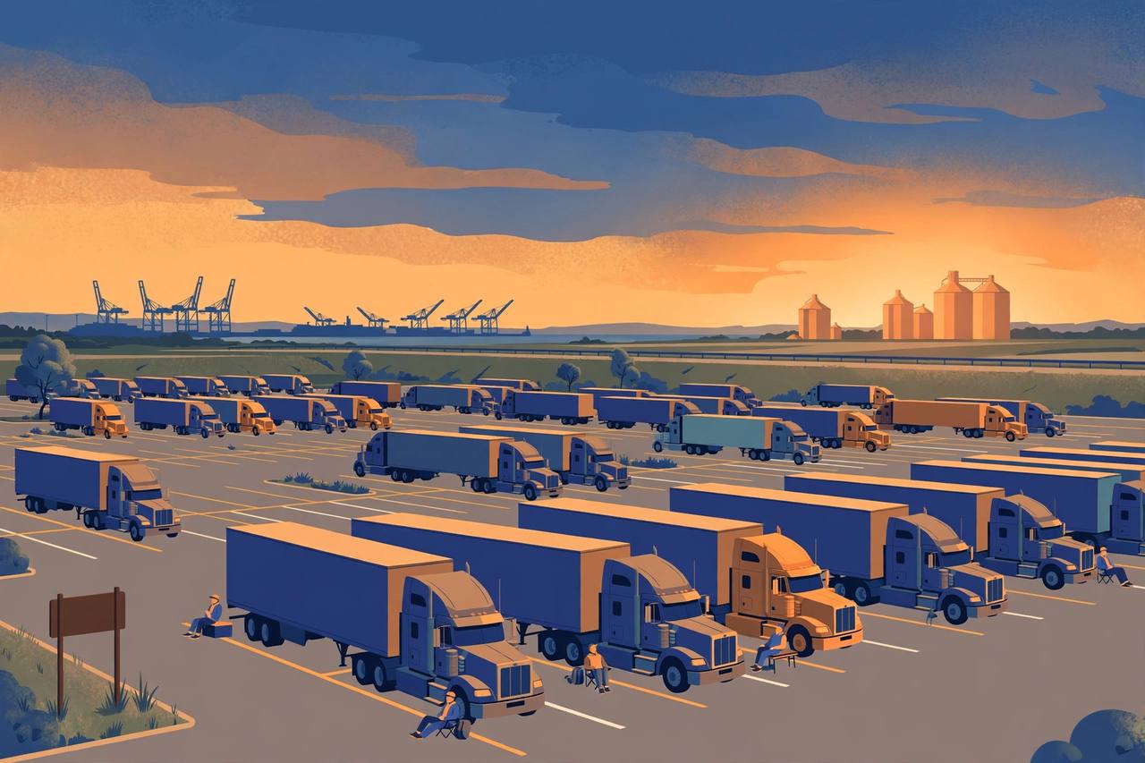 Editorial illustration of an interstate rest area with rows of parked semi trucks at dusk, representing new federal truck parking funding