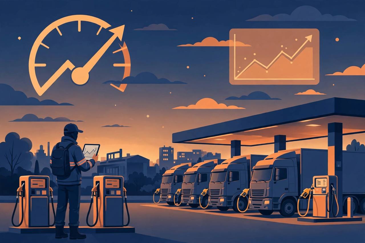 Editorial illustration of semi trucks at a diesel pump at dusk with a rising fuel gauge and cost chart