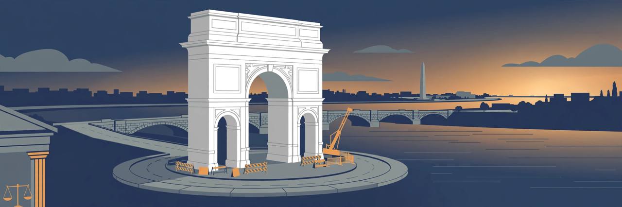 Editorial illustration of a tall triumphal arch at a riverside traffic circle with a memorial bridge behind it, construction barriers at its base and a courthouse motif in the corner — flat style, no real person depicted
