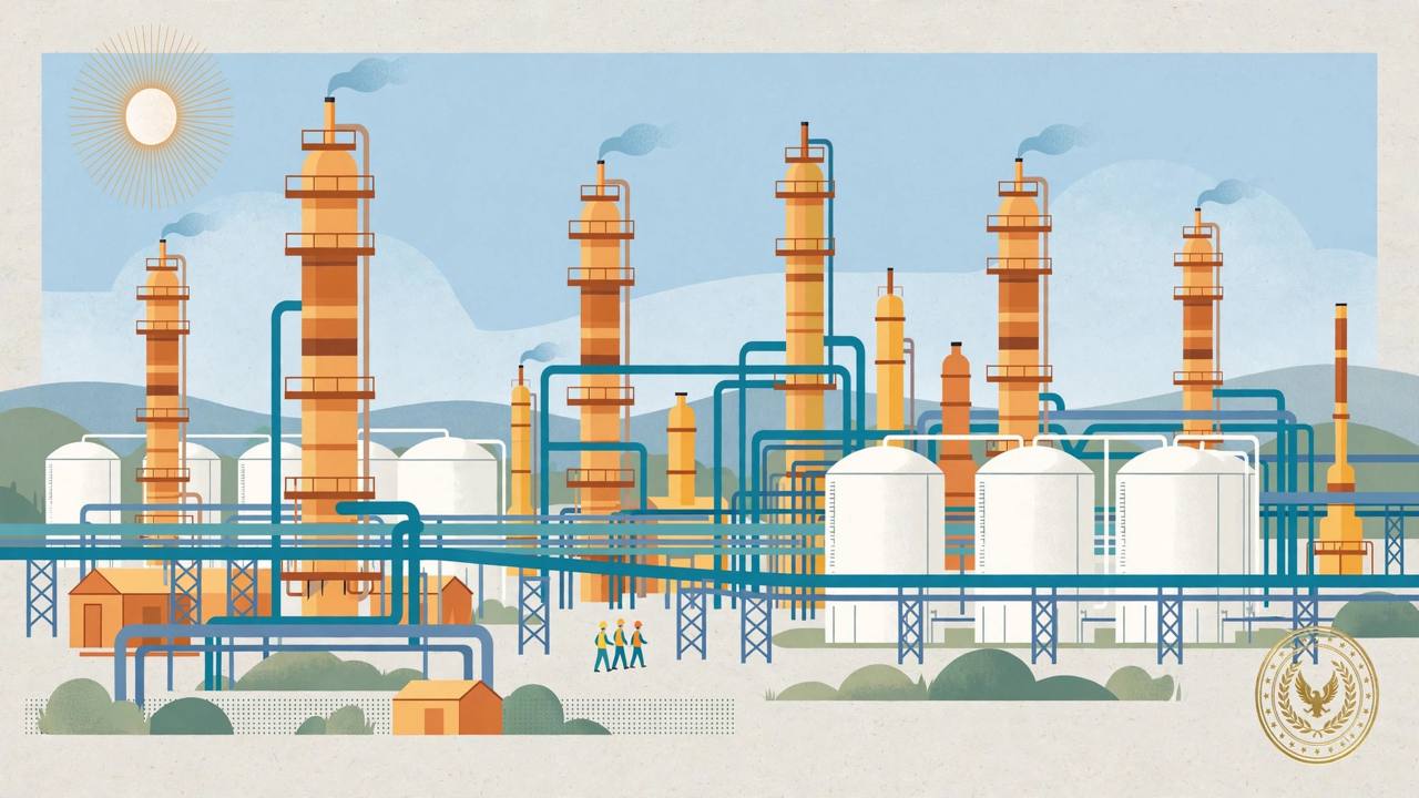 Editorial illustration of an American oil refinery with distillation towers, pipelines and white storage tanks under a clear sky, with generic workers in hard hats in the distance