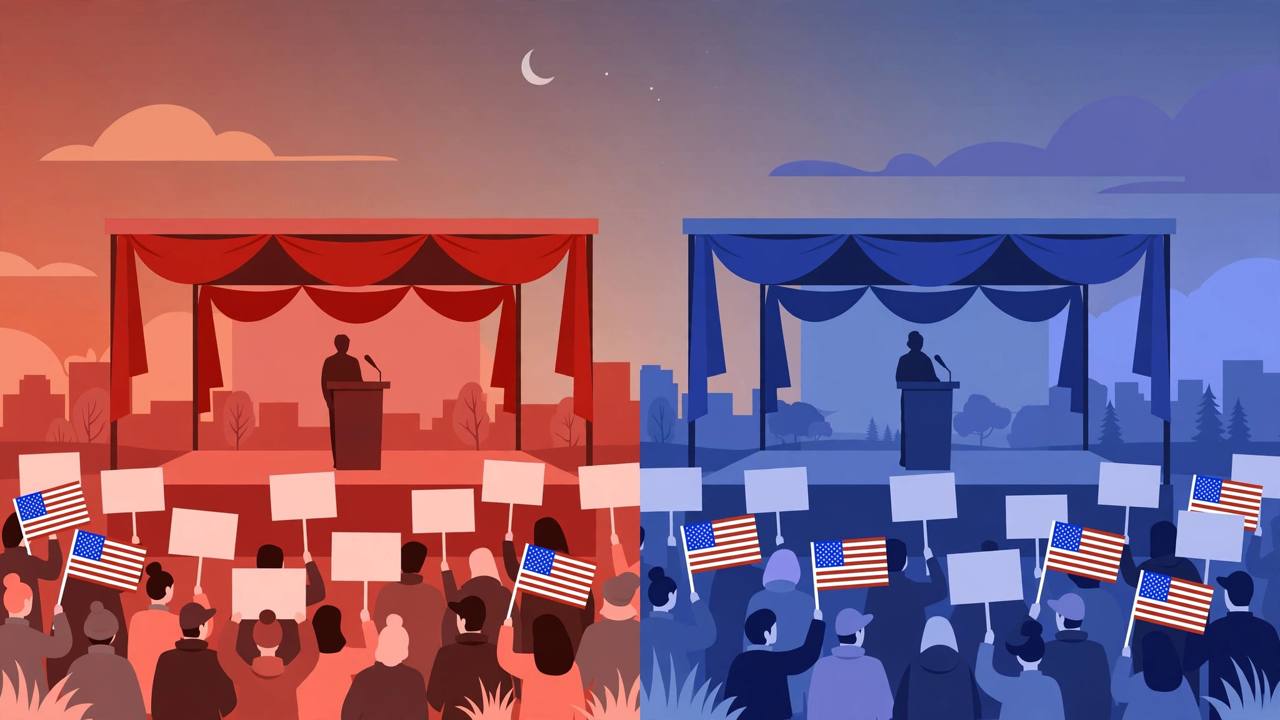 Editorial illustration of two generic political rally stages side by side, one with red banners in Ohio and one with blue banners in Georgia, with generic crowds and American flags