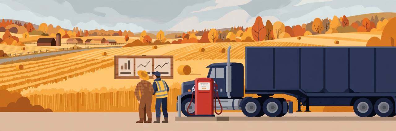 Editorial illustration of a semi truck and a red-dyed diesel pump at a rural highway fuel stop, with a farmer and a truck driver looking at prices, flat style, no text, no real person