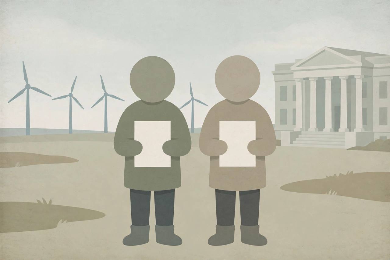 Editorial illustration of wind turbines beside a generic government building with two generic figures holding plain documents, flat style, no text, no real person's face