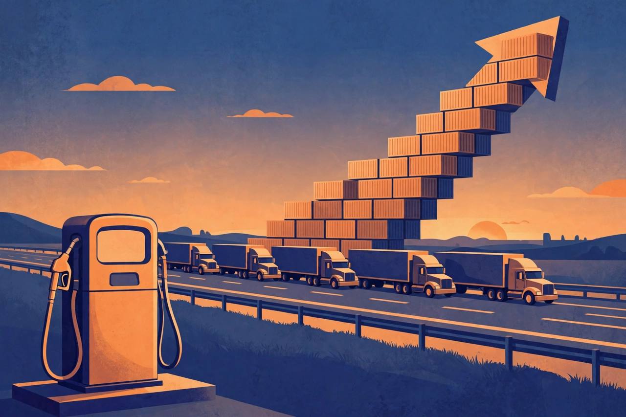 Editorial illustration of semi-trucks on a US interstate at dusk, a diesel pump in the foreground and a rising arrow built from shipping containers behind them
